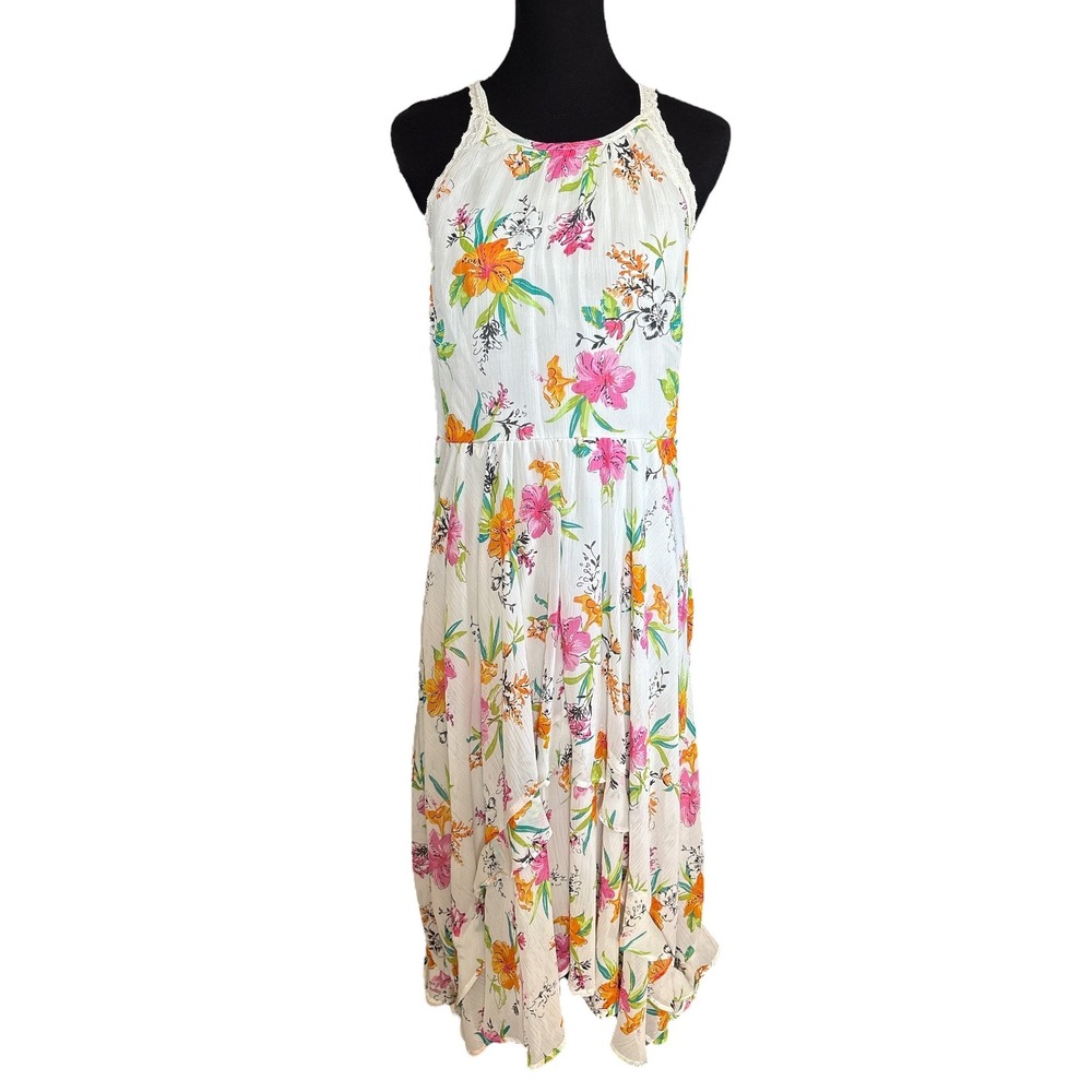 Cato Ivory Floral Garden Lace Trim Halter Maxi Dress, Size Medium, Cottagecore